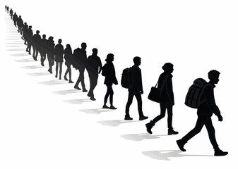 Silhouette illustration of a long line of people walking away into the distance on a white background
