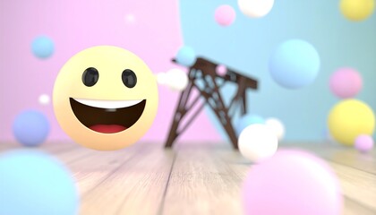 A cheerful emoticon floats before a blurred background of pastel spheres and a chair