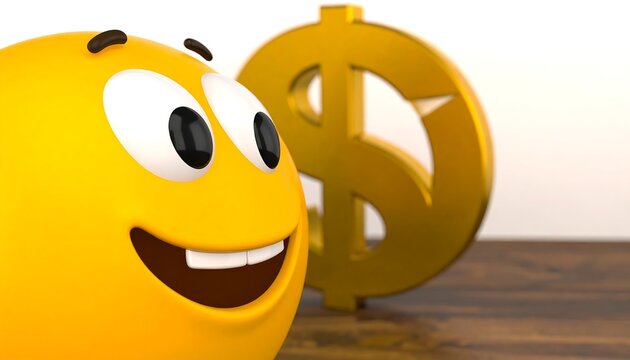 A cheerful emoticon looks towards a large golden dollar sign on a wooden surface