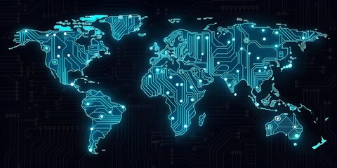 Digital world map with glowing blue circuitry