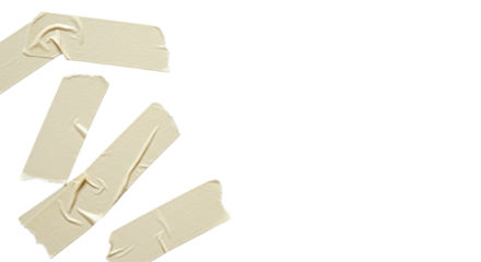 Light beige masking tape with natural folds, torn edges, matte texture, on a transparent background with copy space, soft studio light, overhead view, concept of iterative development
