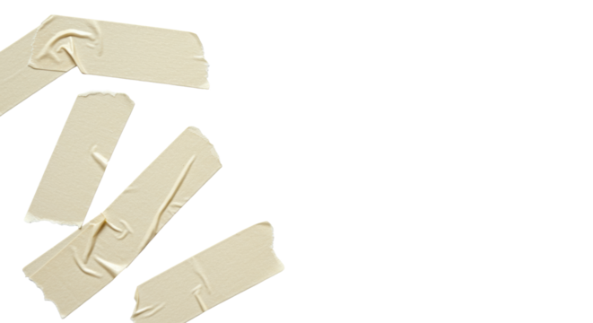 Light beige masking tape with natural folds, torn edges, matte texture, on a transparent background with copy space, soft studio light, overhead view, concept of iterative development