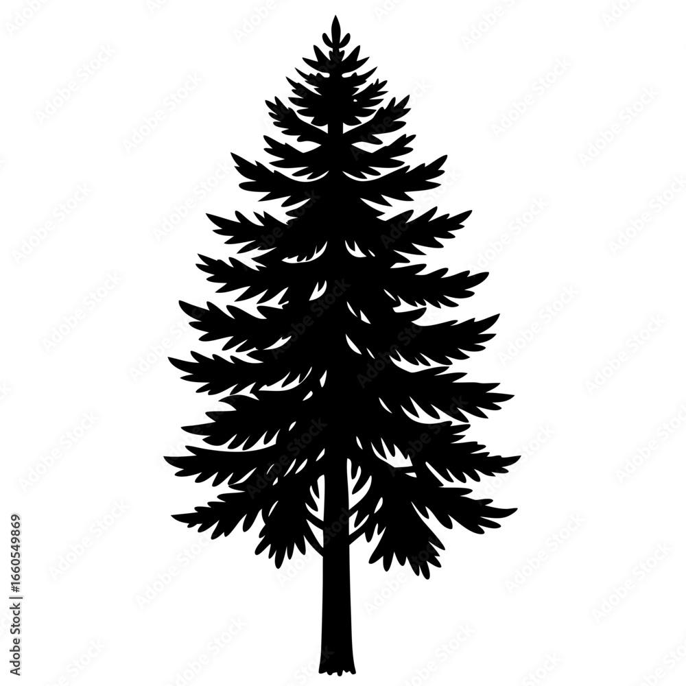 Poster silhouette of a coniferous tree with dense branches and a pointed top against a white background des
