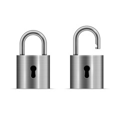 Two silver metallic padlocks, one locked and one unlocked  isolated on white background, Vector illustration