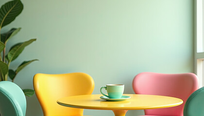 Modern pastel cafe scene with coffee cup on yellow table