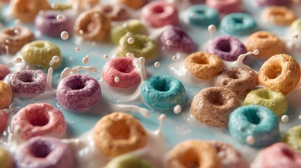 Colorful cereal loops floating in a bowl of milk