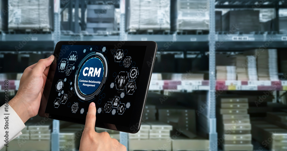 Aufkleber customer relationship management system on modish computer for crm business and enterprise