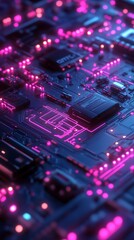 Obraz premium Close-up of a Futuristic Circuit Board with Pink and Blue Lights motherboard electronics photo