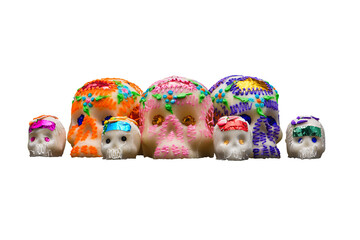 Fototapeta premium Dia de Muertos Seven Sugar Skulls Three Large Four Small Transparent Background