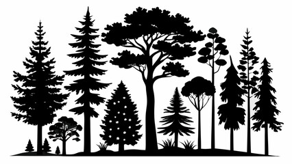 Silhouette of various types of trees including pine fir and deciduous trees in a forest setting isolated