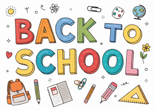 Illustration of back to school text with school supplies such as a backpack pencils and notebook items around - Powered by Adobe