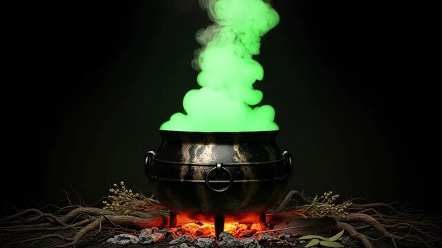Witch's cauldron bubbling with a magical green potion and smoke against a solid black background. Concept for witchcraft, Halloween party, or a secret sorcery brew.