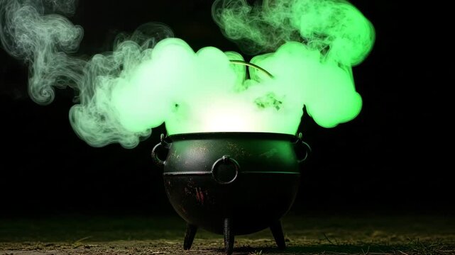 Witch's cauldron brewing a glowing green magic potion over a fire with embers, roots, and feathers. Concept for a secret ritual, sorcery, or a spooky Halloween spell.
