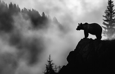 Majestic bear silhouette standing on a rocky cliff in a misty forest