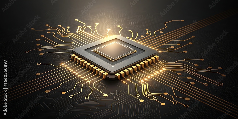 Aufkleber glowing microprocessor with golden circuitry on dark background