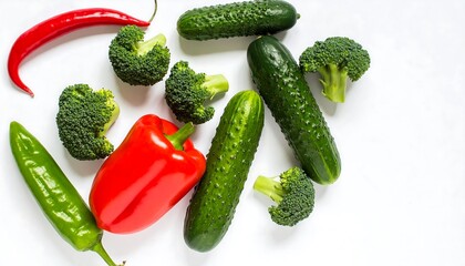 Fresh Red Green Bell Peppers Cucumber Broccoli Chili Pepper on White Background