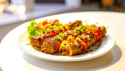 Fototapeta premium Skewered Meat and Vegetable Kabobs on White Plate with Fresh Salad in Bright Natural Light