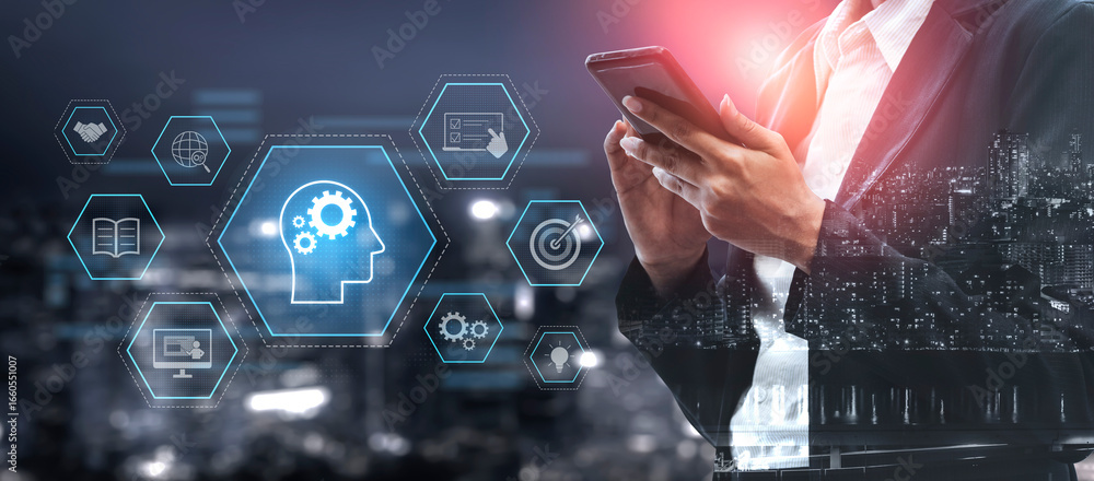 Poster head with gear and icons representing learning, digital training, and development process, showing s