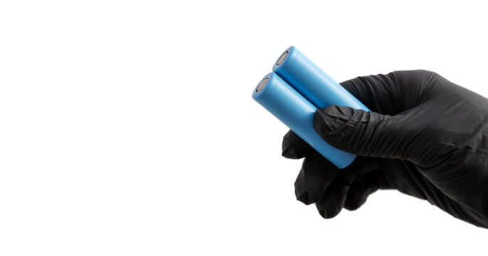 Hand in black rubber glove with thumb up holding lithium-ion batteries type 18650. With copy space. Close-up, cut out