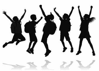 Silhouettes of five children jumping with backpacks and raised arms in a celebratory manner on white