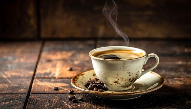 A steaming cup of coffee on a rustic wooden table