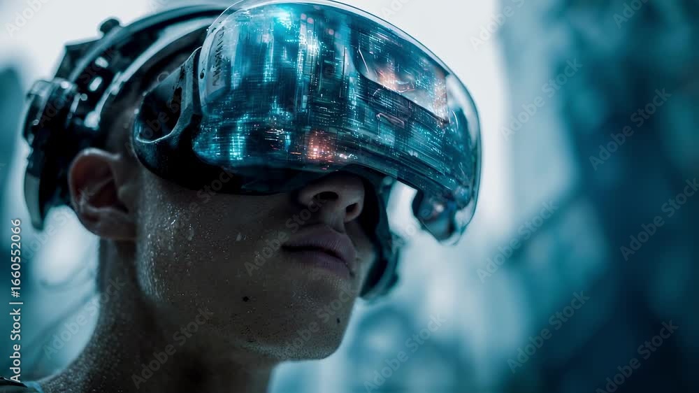 Poster sharp focus on a virtual reality headset displaying aigenerated 3d environments highlighting immersi