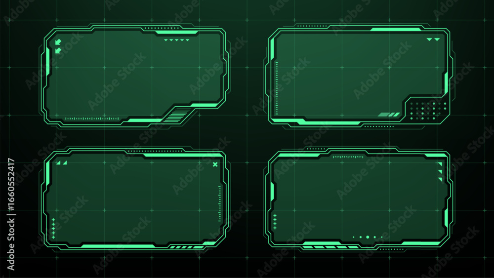 Poster four futuristic green heads up display frames with grid background. vector graphic interface element