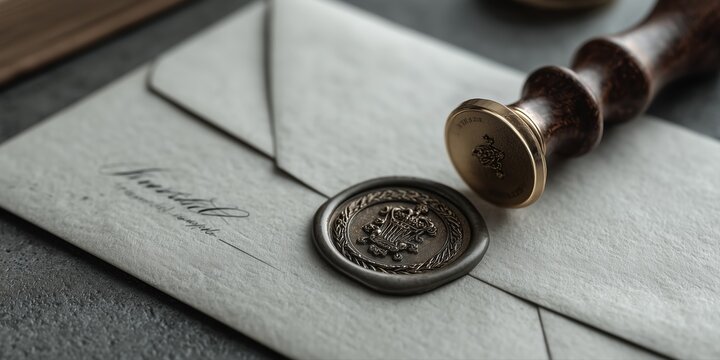 Vintage envelope with handwritten script sealed by elegant bronze wax stamp on textured paper

