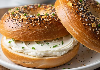 Close-up of a delicious bagel with cream cheese, herbs, and seeds.