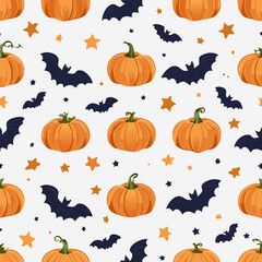 Vintage seamless pattern with Halloween pumpkins carved with spooky faces, dark bats, and stars on a light background. Retro cartoon hand-drawn style