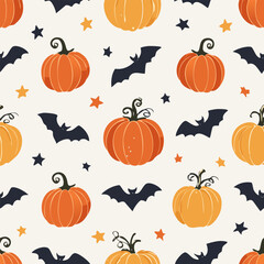 Vintage seamless pattern with Halloween pumpkins carved with spooky faces, dark bats, and stars on a light background. Retro cartoon hand-drawn style