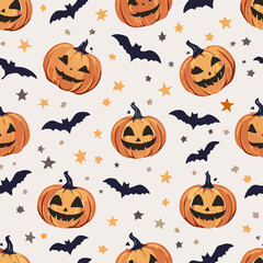 Vintage seamless pattern with Halloween pumpkins carved with spooky faces, dark bats, and stars on a light background. Retro cartoon hand-drawn style