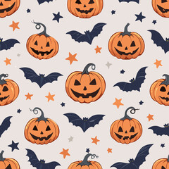 Vintage seamless pattern with Halloween pumpkins carved with spooky faces, dark bats, and stars on a light background. Retro cartoon hand-drawn style