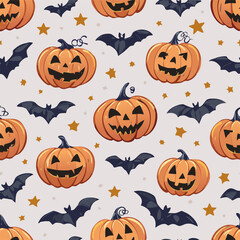 Vintage seamless pattern with Halloween pumpkins carved with spooky faces, dark bats, and stars on a light background. Retro cartoon hand-drawn style
