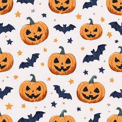 Vintage seamless pattern with Halloween pumpkins carved with spooky faces, dark bats, and stars on a light background. Retro cartoon hand-drawn style