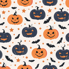 Vintage seamless pattern with Halloween pumpkins carved with spooky faces, dark bats, and stars on a light background. Retro cartoon hand-drawn style