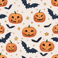Vintage seamless pattern with Halloween pumpkins carved with spooky faces, dark bats, and stars on a light background. Retro cartoon hand-drawn style