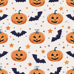 Vintage seamless pattern with Halloween pumpkins carved with spooky faces, dark bats, and stars on a light background. Retro cartoon hand-drawn style