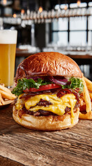 hamburger and beer, fresh food, cheese, modern restaurant