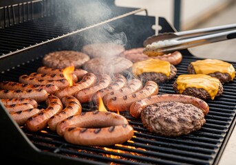 Close-up of grilling sausages, burgers, and cheeseburgers on a hot outdoor barbecue.