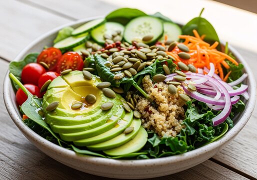 A vibrant and healthy salad bowl brimming with fresh avocado slices, cherry tomatoes, cucumber, shredded carrots, red onion, spinach, kale, and a sprinkle of...