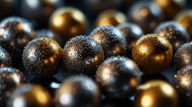 Macro of Metallic Nanoparticles Clustered in Silver and Gold Tones on Dark Background
