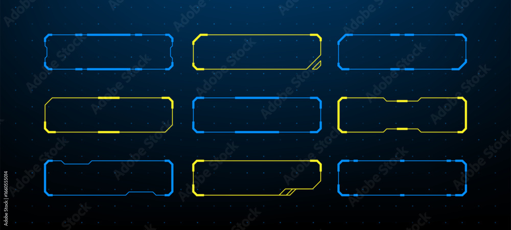Fototapete set of blue and yellow hud vector graphics with futuristic frames. digital user interface design ele