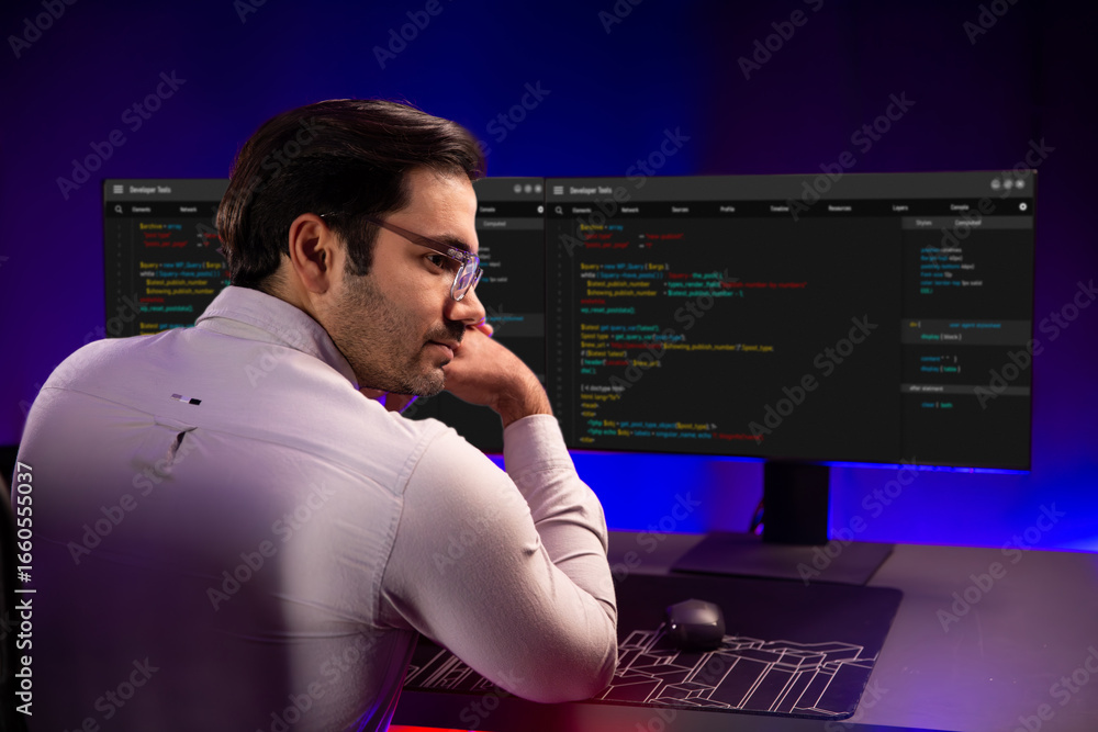 Poster smart it developer working software development coding on pc screen pose on camera looking outside a