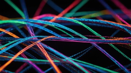 Closeup of Nylon Fiber Strand Texture with Intersecting Glowing Neon Threads