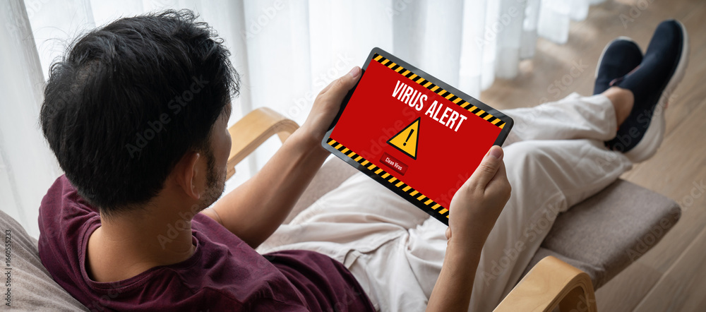 Aufkleber virus warning alert on computer screen detected modish cyber threat , hacker, computer virus and mal