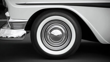Close Up Of Vintage Automobile Wheel With Whitewall Tires And Chrome Hubcaps In Black And White Photography