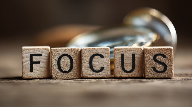 Elegant photo of word focus is made of wooden letters with a magnifying glass. Selective focus.
