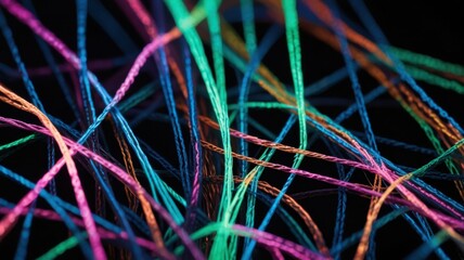 Macro of Synthetic Nylon Fibers Tangled in Radiant Neon Glow Background