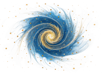 Blue and white fractal spiral with scattered golden stars and flowers abstract isolated on a transparent background